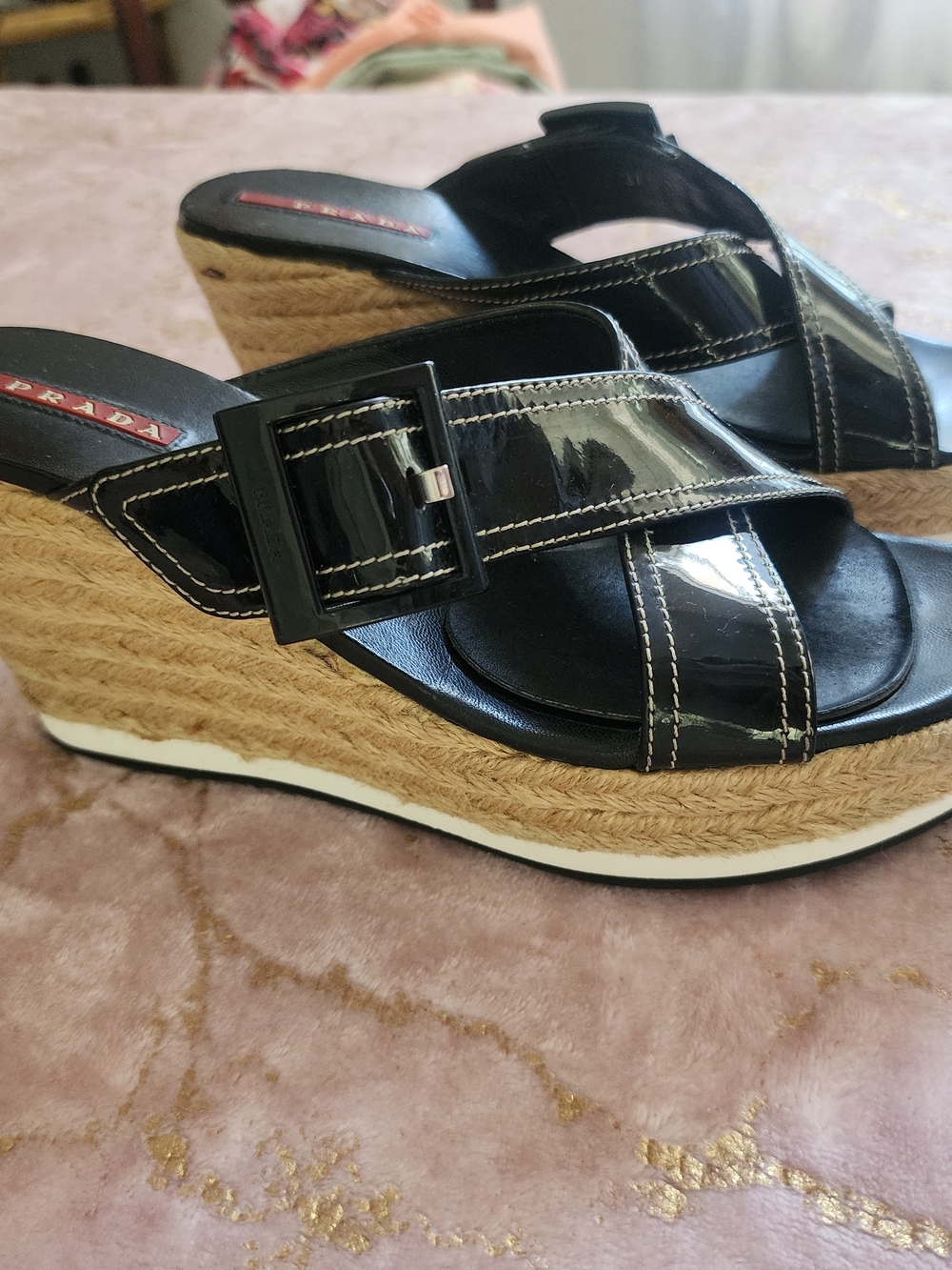 PRADA | Black Patent Leather Espadrille Wedge Sandals with Jute Platform - Picture 5 of 16